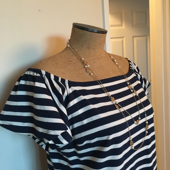 M/L Ralph Lauren Off Shoulder Knit Holiday Dress Navy White - Picture 8 of 8